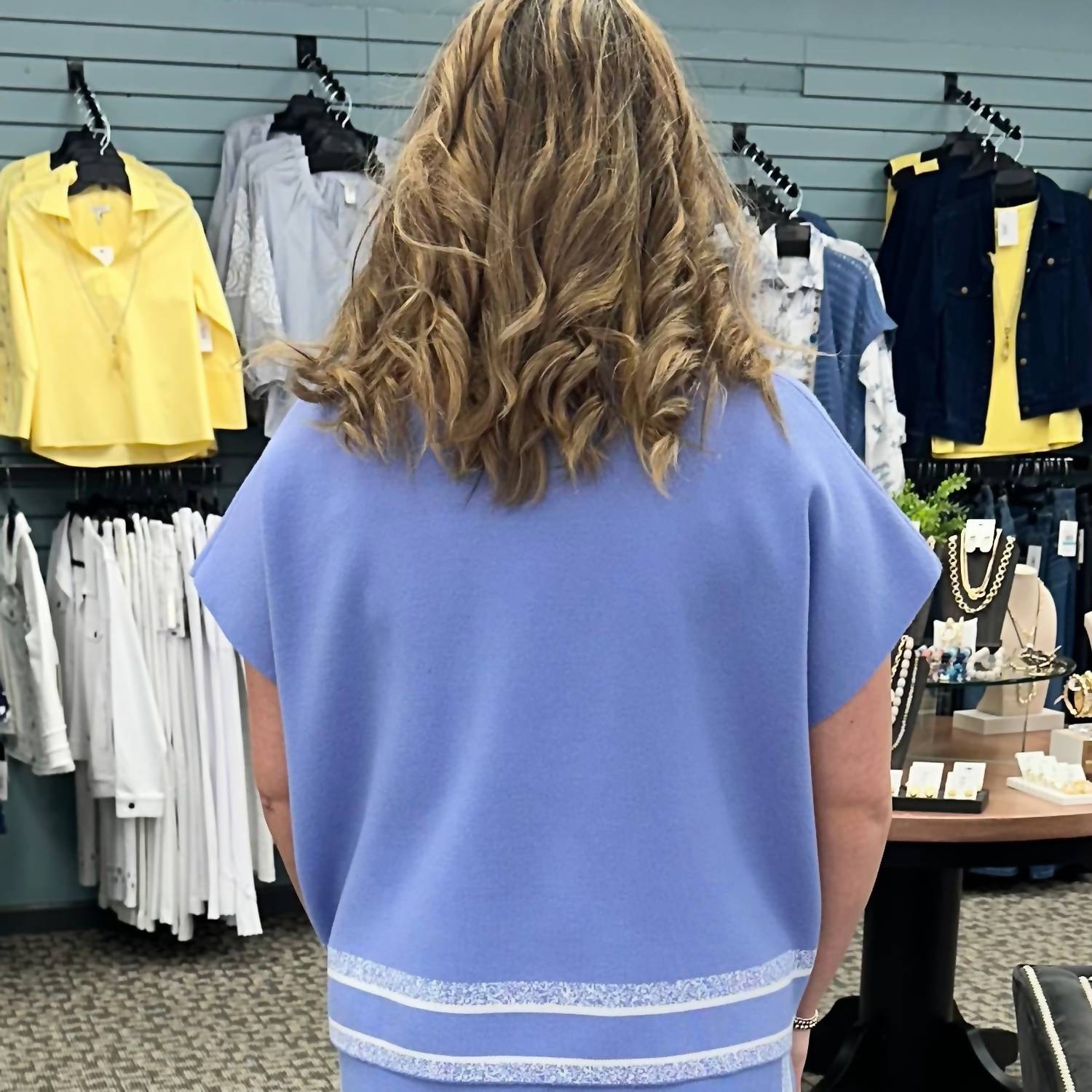 entro Cap Sleeve Trim Top in blue - women's blouse - detail view