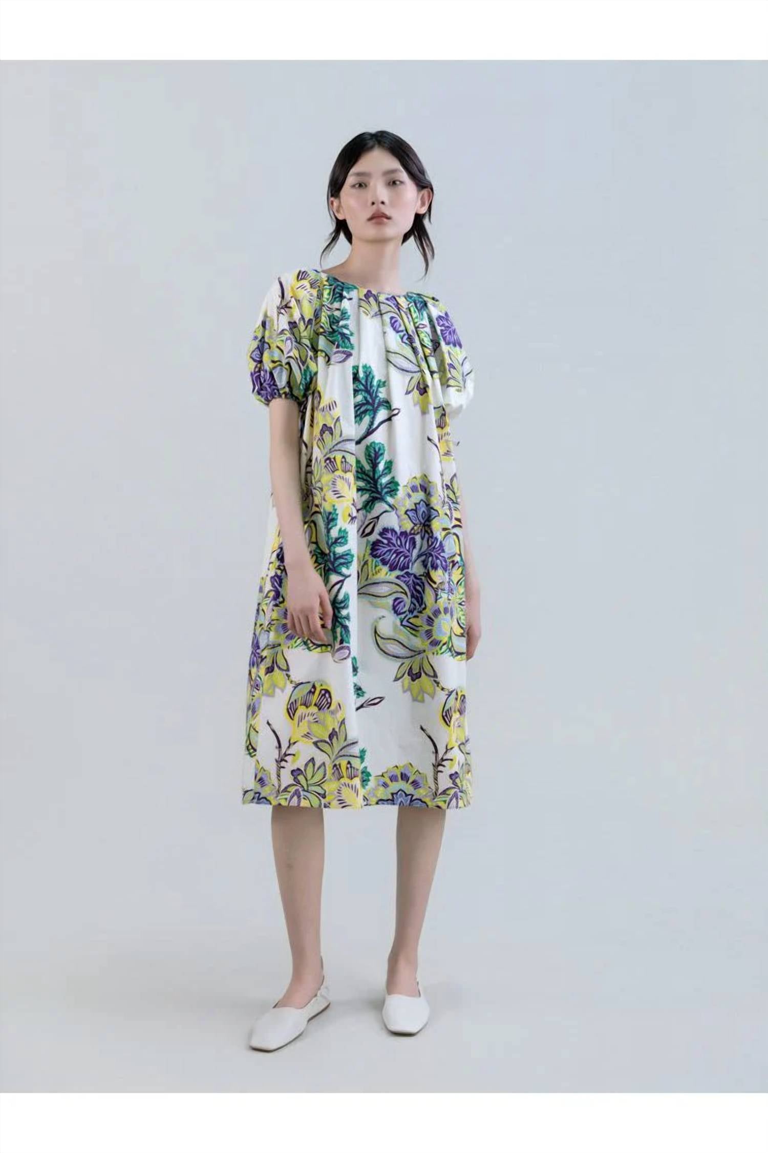 Psophia - Sun-Kissed Marigold Meadow Boat-Neck Dress