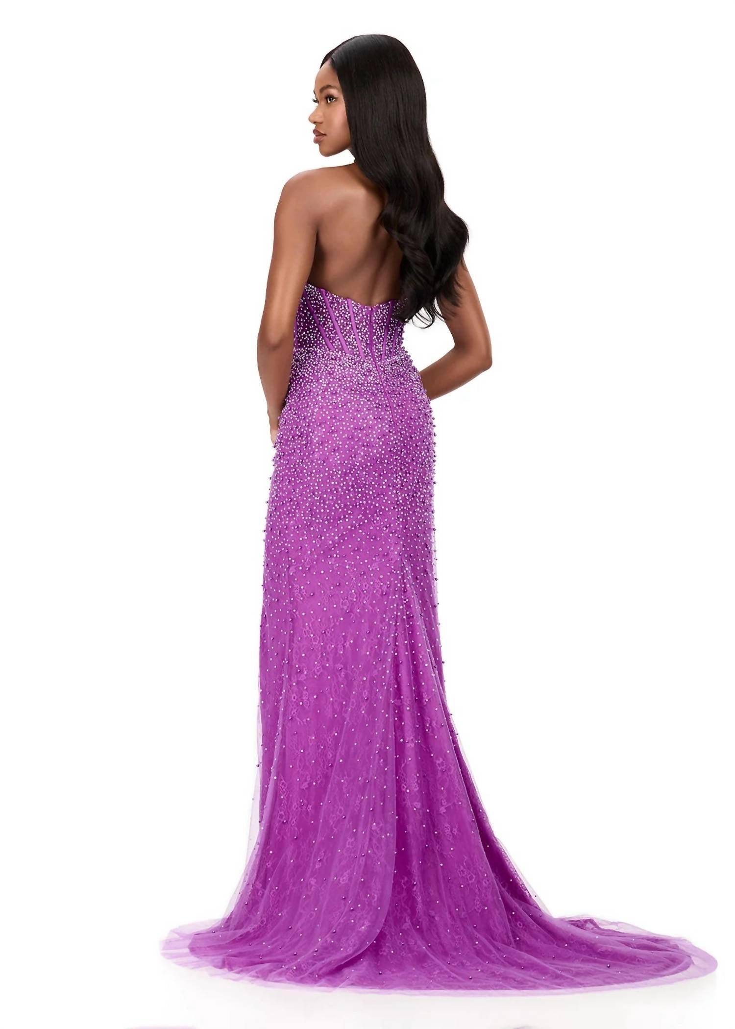 ASHLEYlauren Dazzling Beaded Lace Gown in violet - women's dress - alternate view