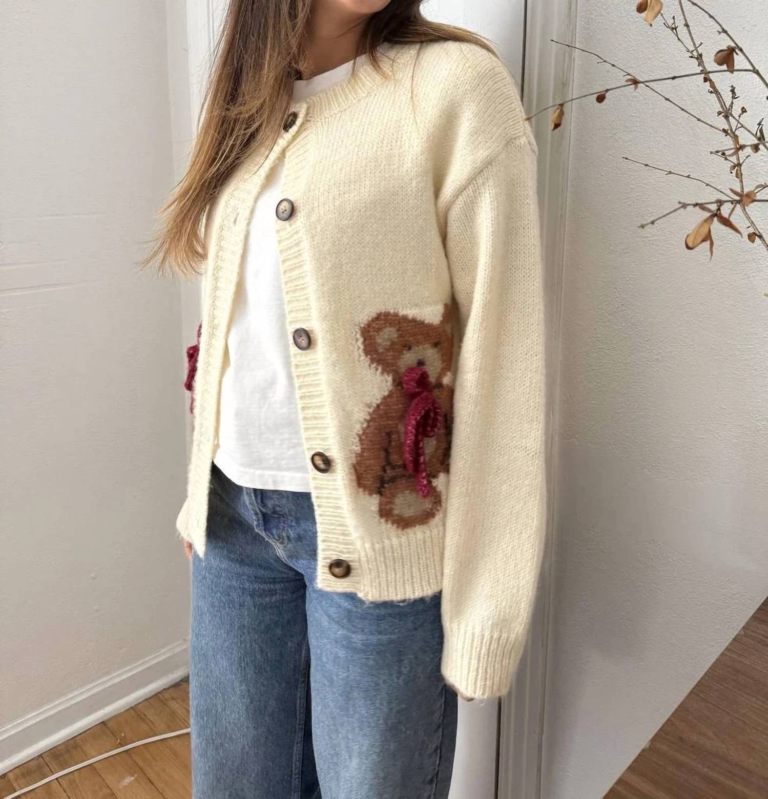 Sofie the Label Teddy Cardigan in cream - women's cardigan - detail view
