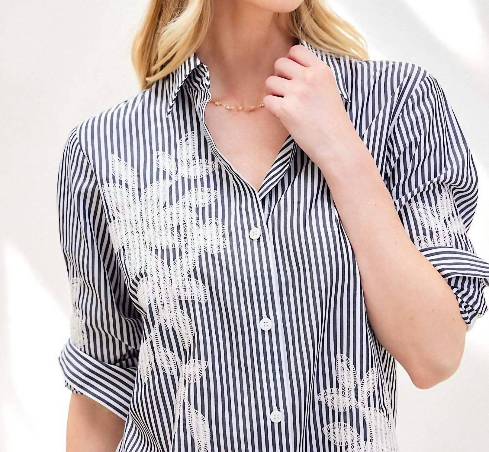 Karen Kane - Roll-Tab Stripe Embroidered Shirtdress