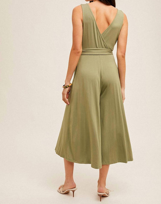 Hem & Thread - Surplice Neck Belted Wide Leg Jumpsuit