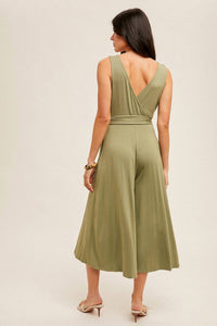 Hem & Thread - Surplice Neck Belted Wide Leg Jumpsuit