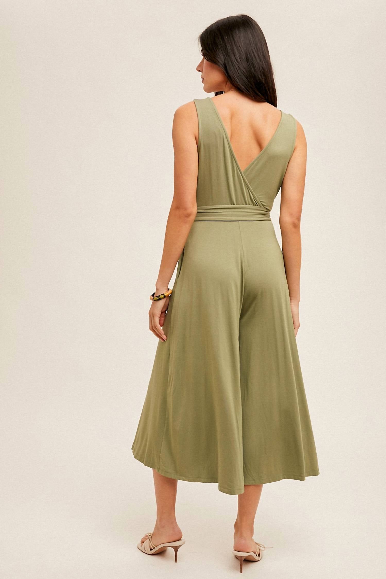 Hem & Thread - Surplice Neck Belted Wide Leg Jumpsuit
