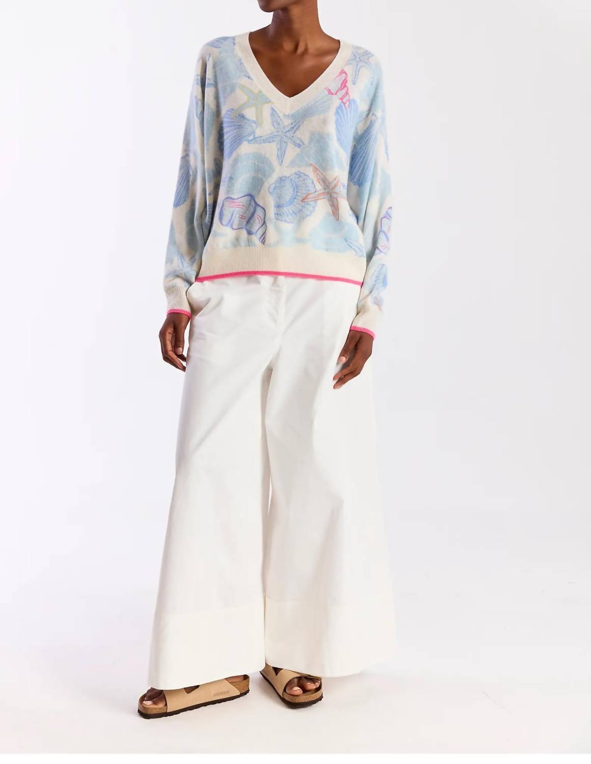 Brodie Cashmere Scatter Shell V-neck Sweater in organic white - women's sweater