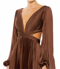 Mac Duggal - Pleated Long Sleeve Charmeuse Cut Out Gown