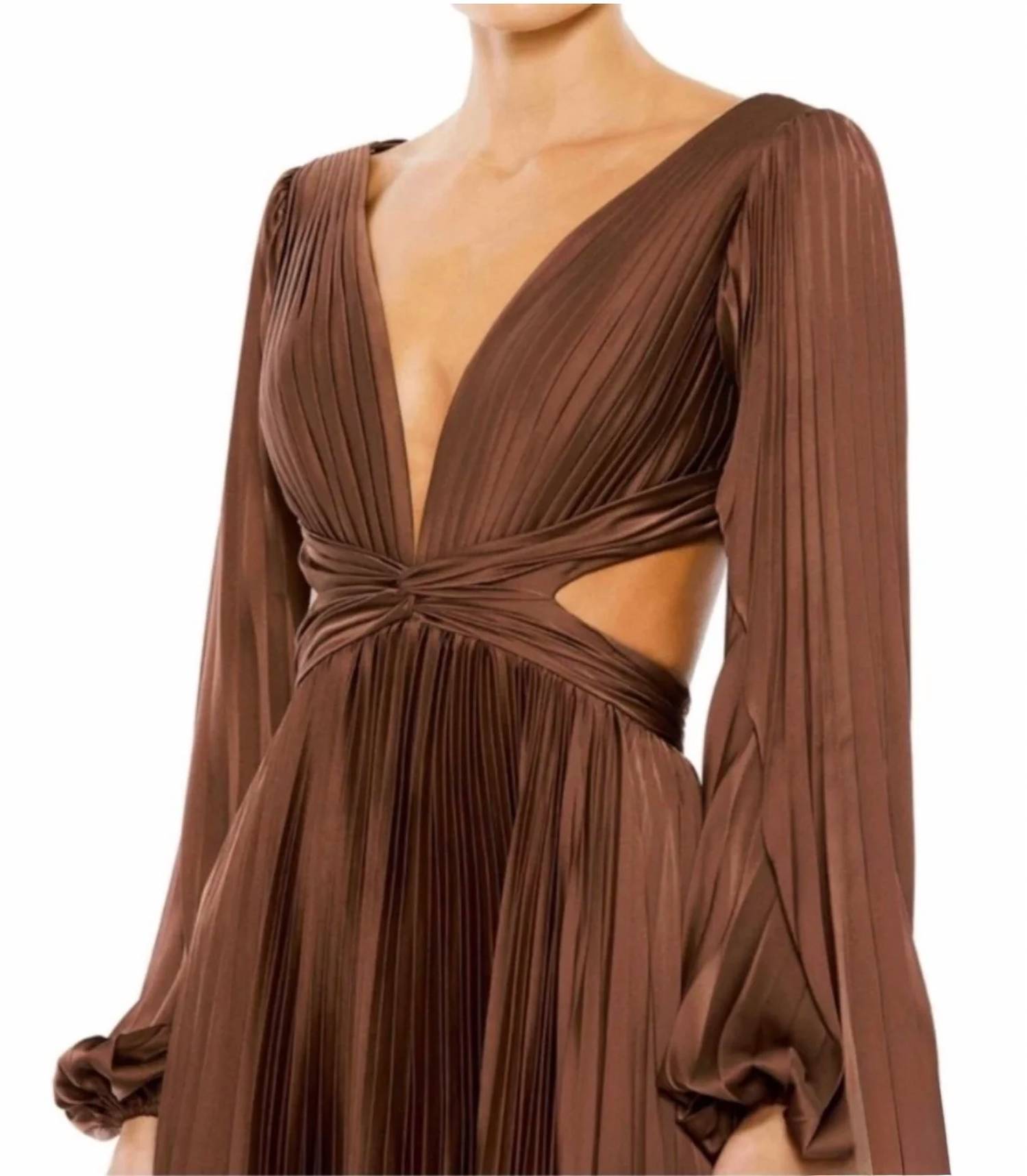 Mac Duggal - Pleated Long Sleeve Charmeuse Cut Out Gown