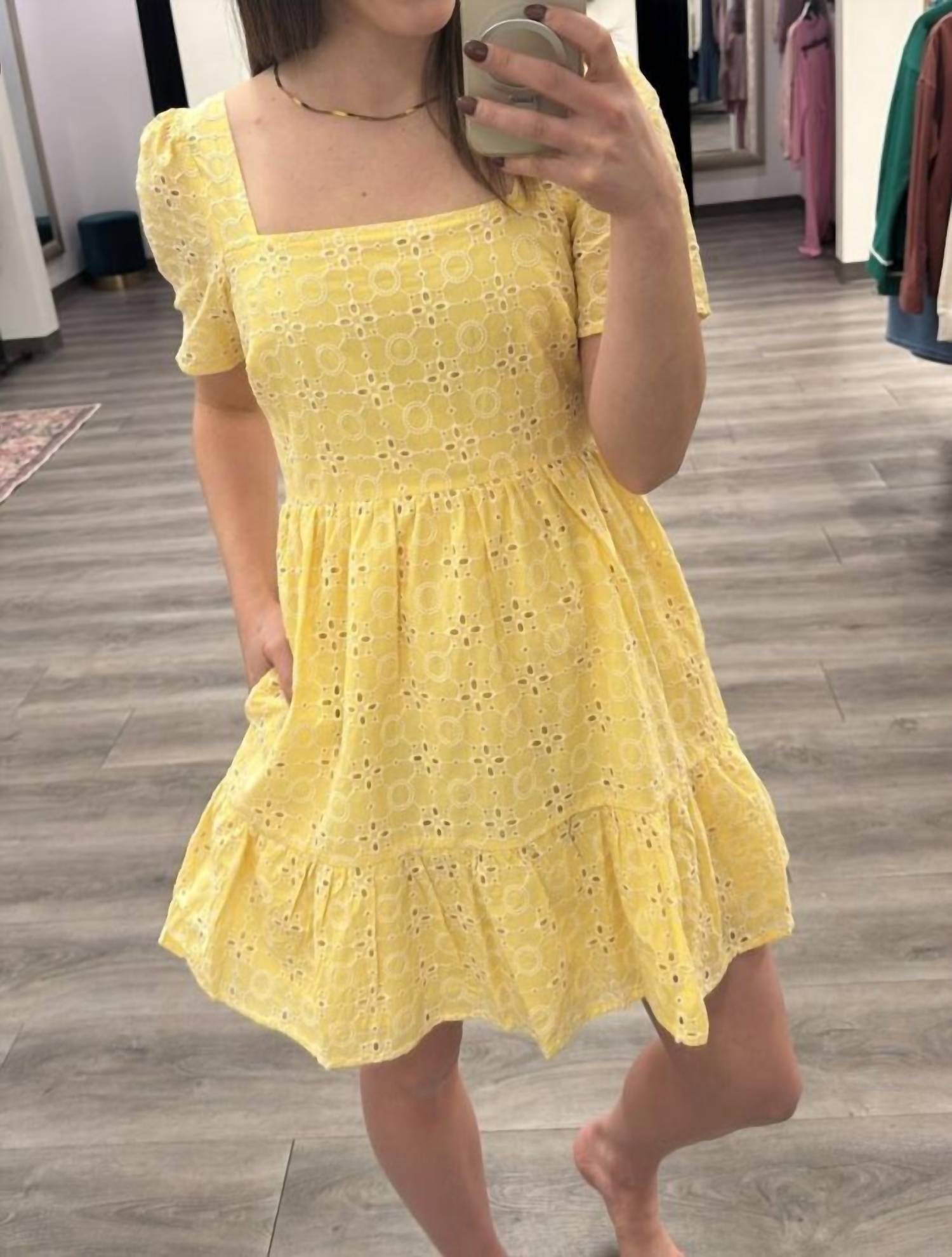 IN-LOOM Eyelet Embroidered Mini Dress in yellow - women's dress - alternate view