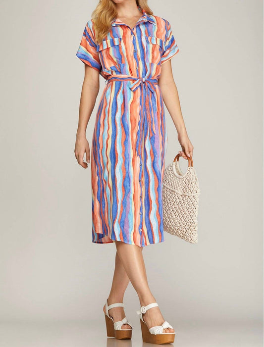 She + Sky - Short Sleeve Button Down Woven Midi Dress