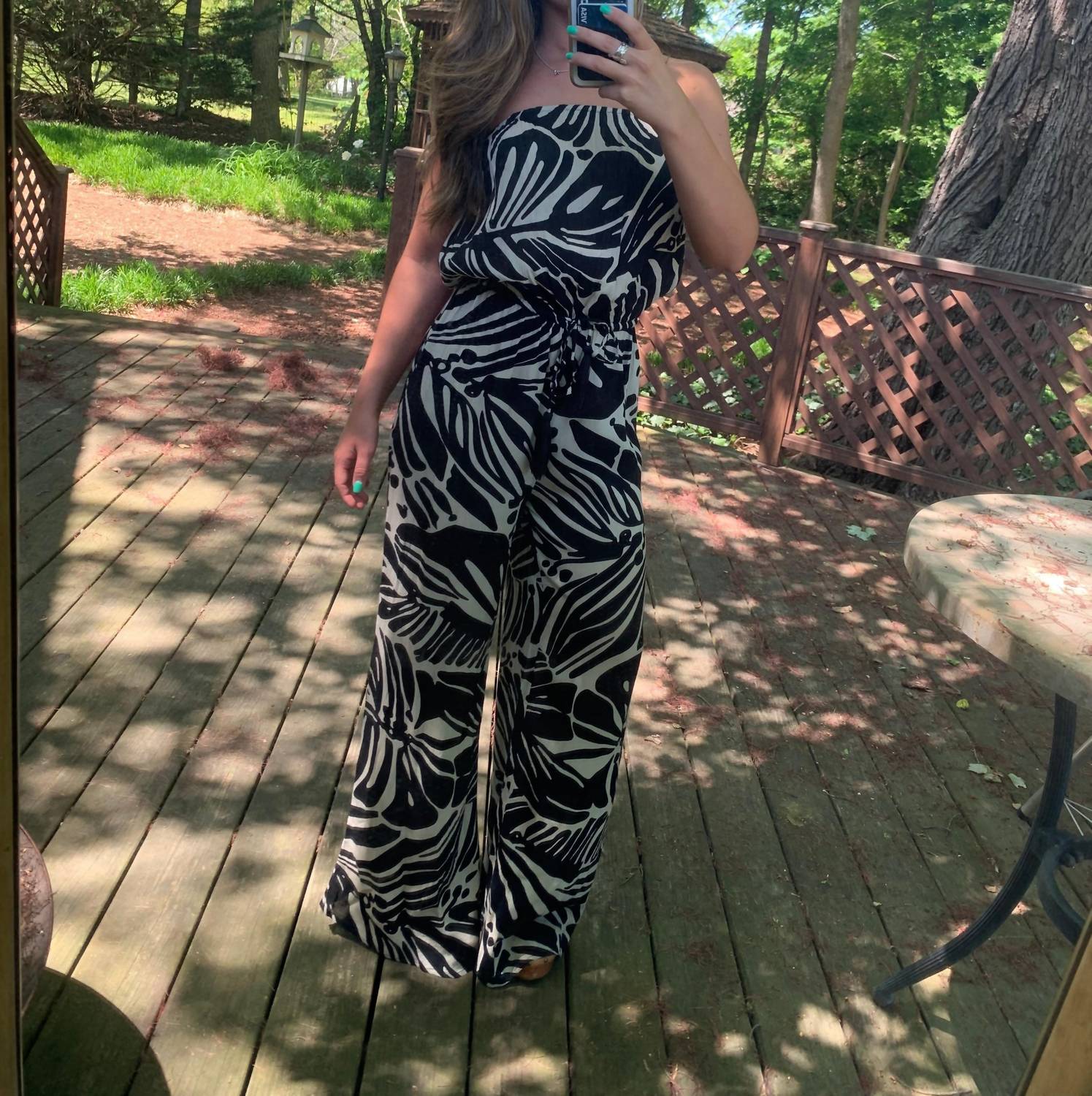 ELAN Rio Strapless Jumpsuit in black and off white tropical print - women's pants - alternate view