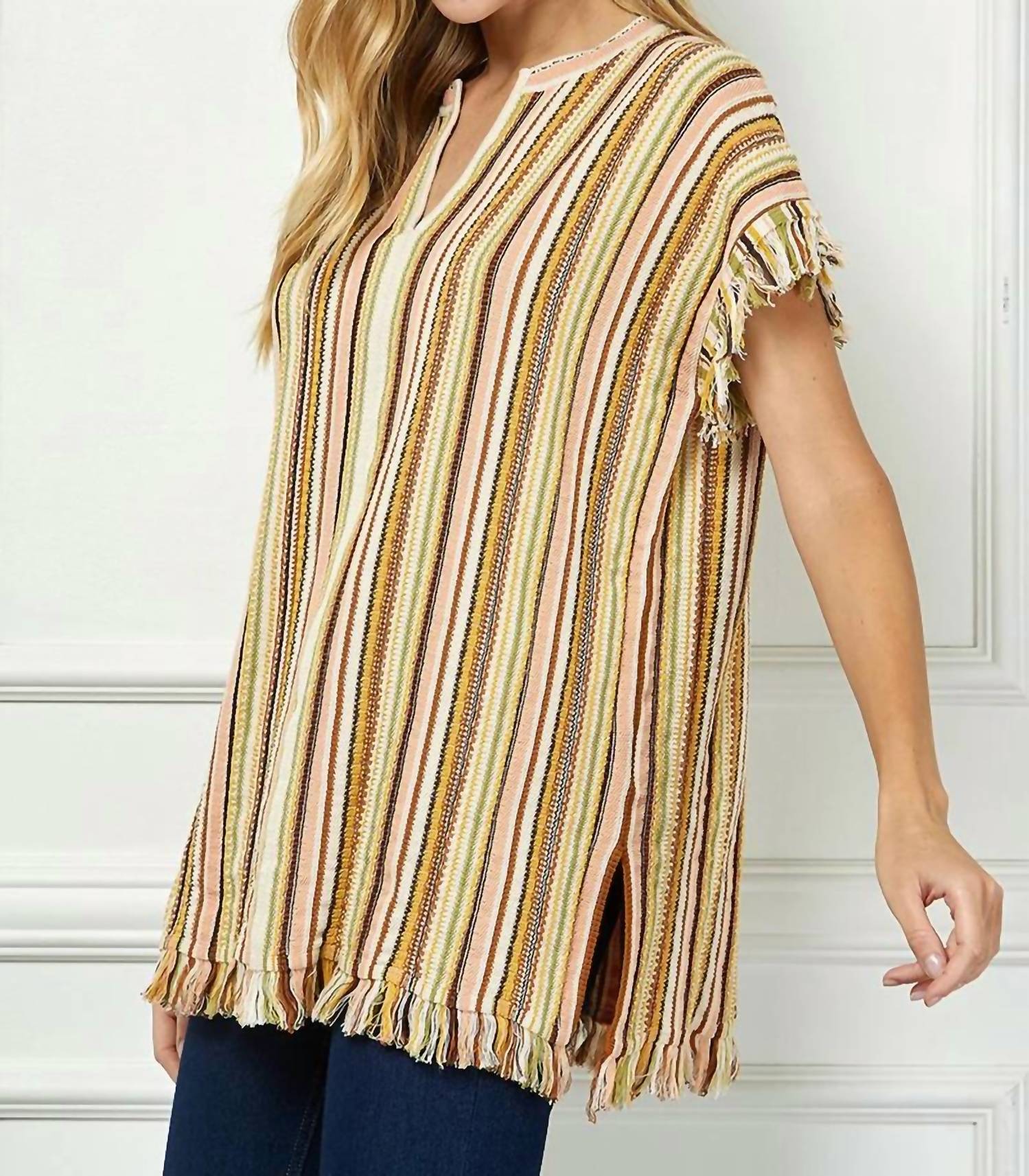 Vanessabruno - Striped V-neck Fringe Tunic