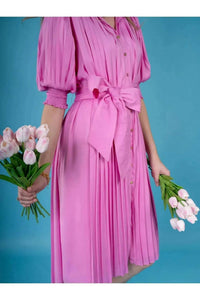 Emily McCarthy Puff Short Sleeve Rowan Midi Dress in fuchsia - women's dress - view 4