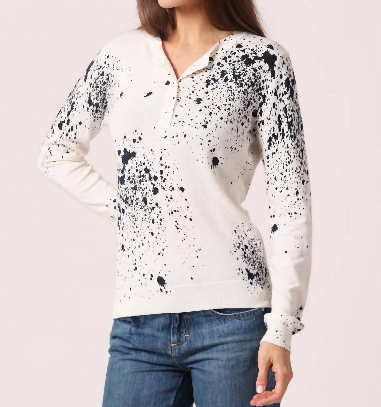 Minnie Rose - Supima Cotton Cashmere Paint Splatter Henley Sweater