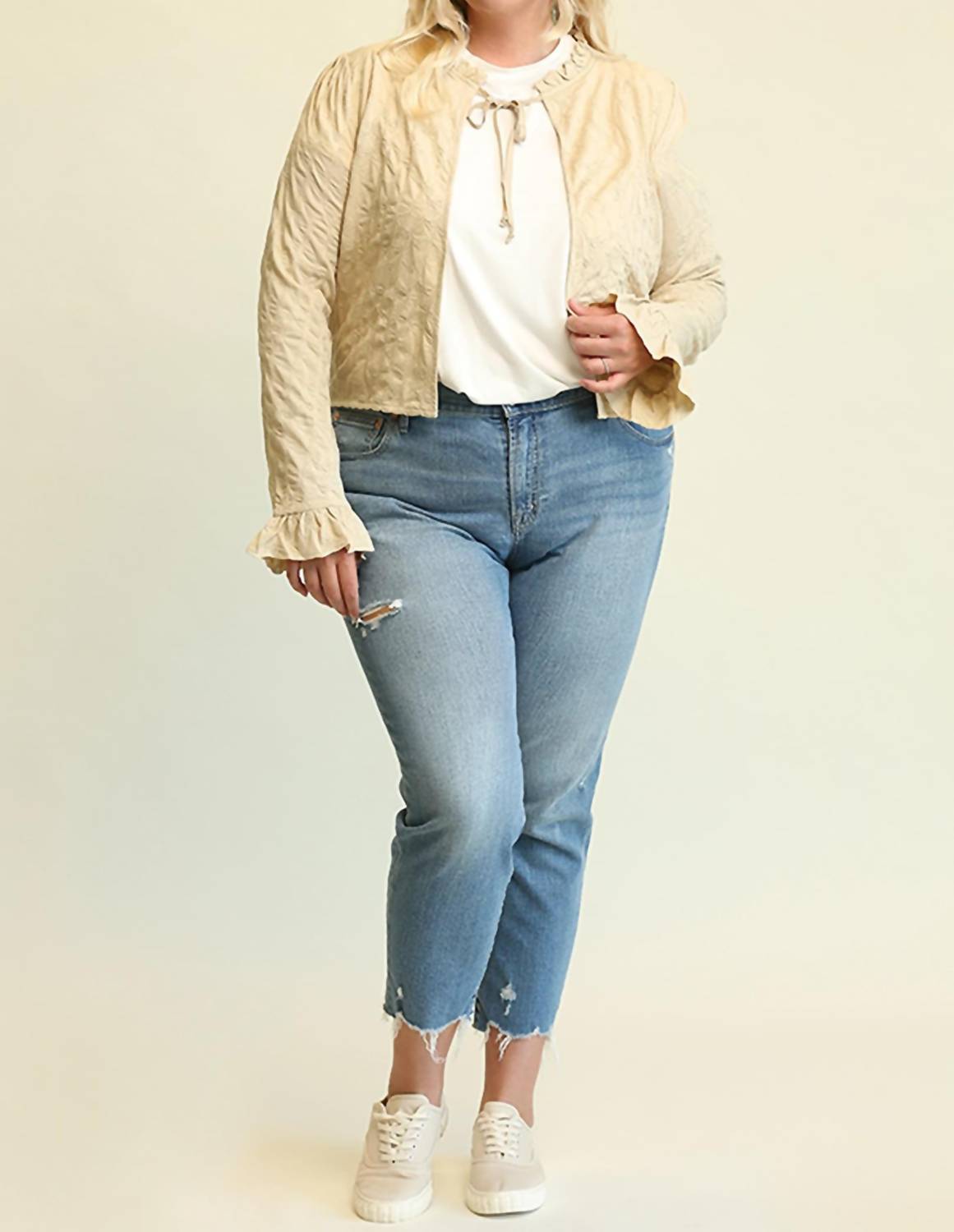GiGiO Textured Knit Ruffled Neckline Cardigan in sand - women's cardigan - view 5