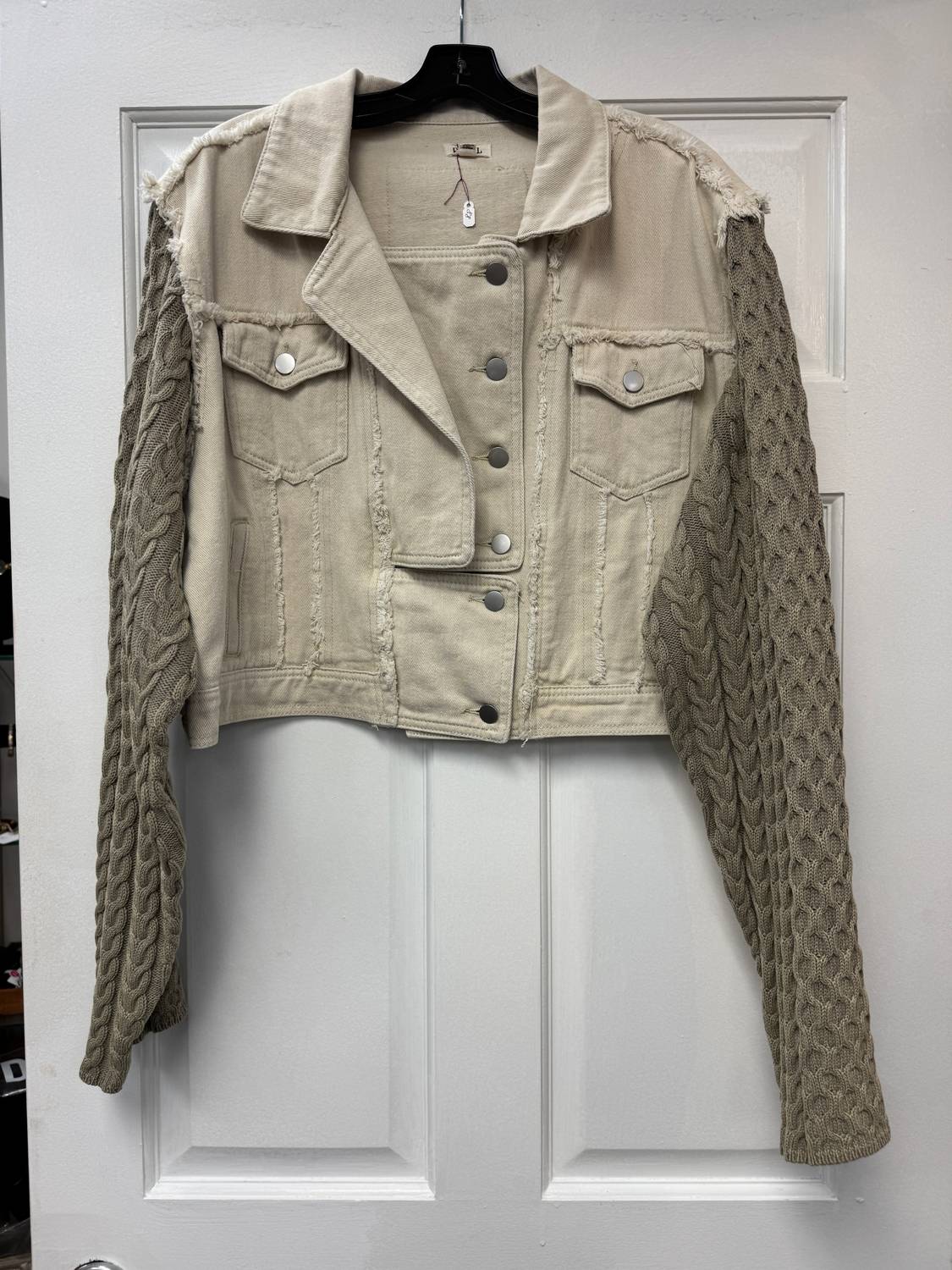 Pol - Women's Mixed Media Sweater Sleeves Denim Jacket