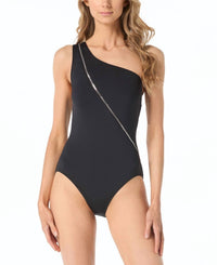 MICHAEL KORS Zip Front One Shoulder One Piece Swimsuit in black - women's swimwear