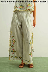 Miou Muse - Women's Floral Embroidery With Striped Pants