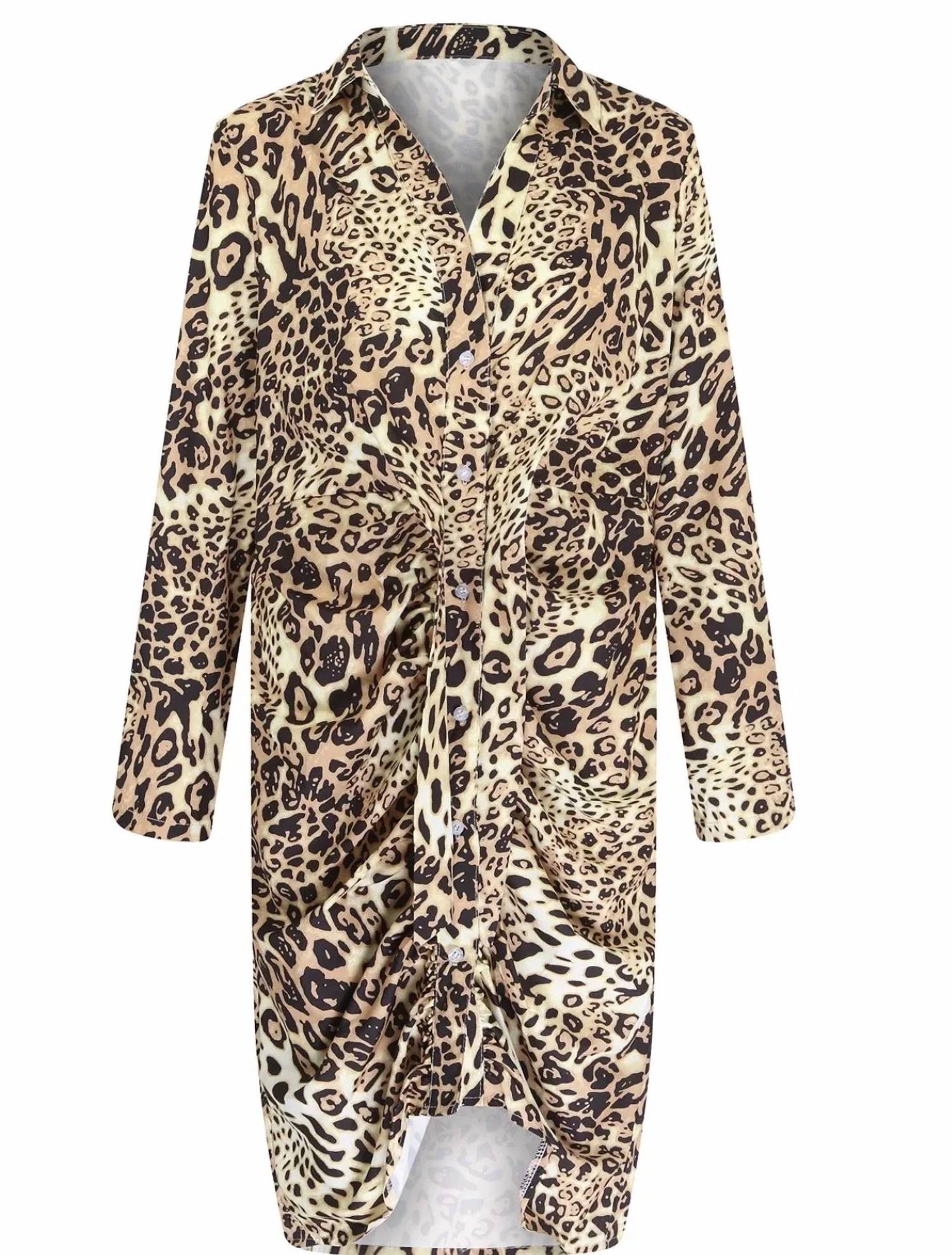 Zenana - Rusched Animal Print Front Tie Dress