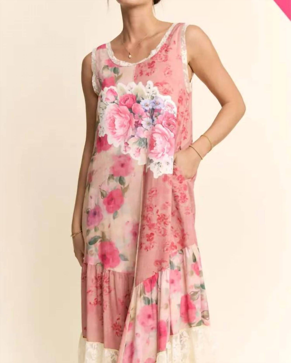 Davi & Dani - Women's Print Flower Patchwork Lace Tiered Dress - Plus