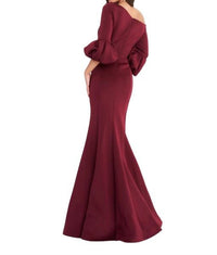 JOVANI Off The Shoulder Scuba Mother Of The Bride Dress in wine - women's dress - detail view