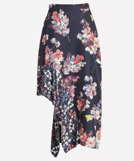 Lewit - Asymmetrical Silk Floral Midi Ruffle Skirt
