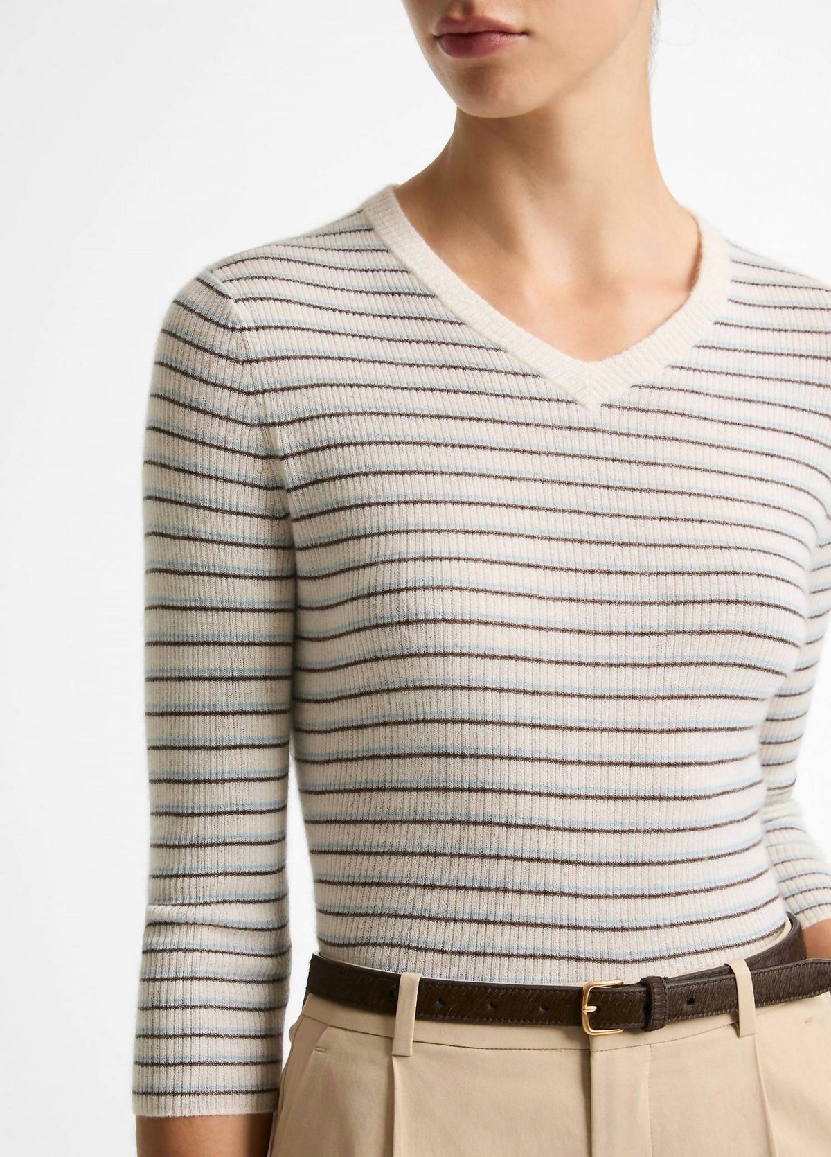 Vince - Striped Cashmere Silk High V-neck Sweater
