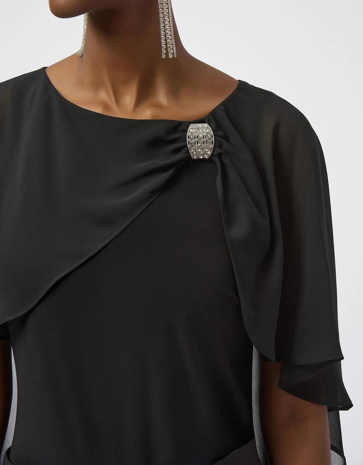 Joseph Ribkoff - Rhinestone Brooch Chiffon Cape Overlay Top