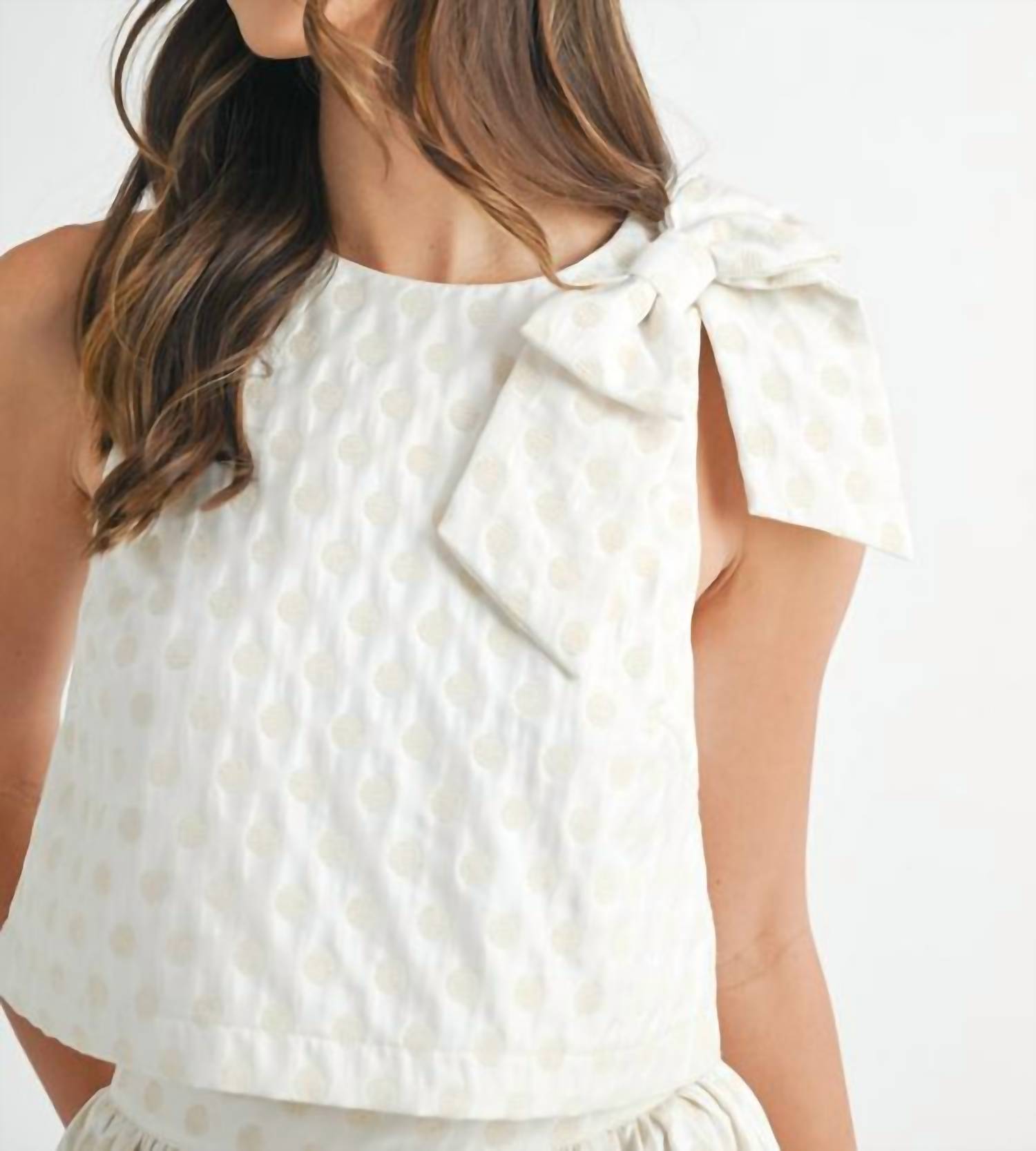 Mable - Shoulder Bow Polka Dot Skirt Set