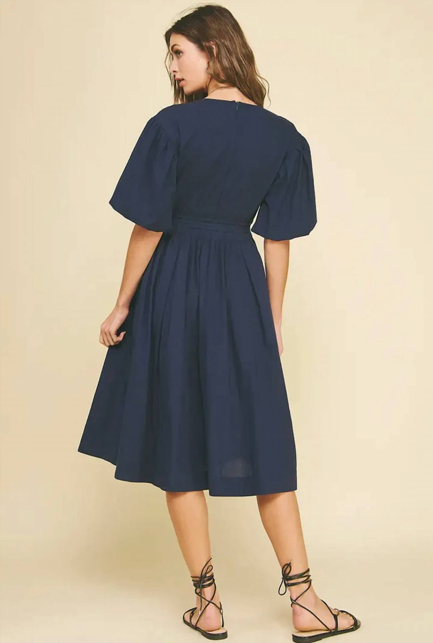 Pinch - V-neck Bubble Sleeve Midi Dress