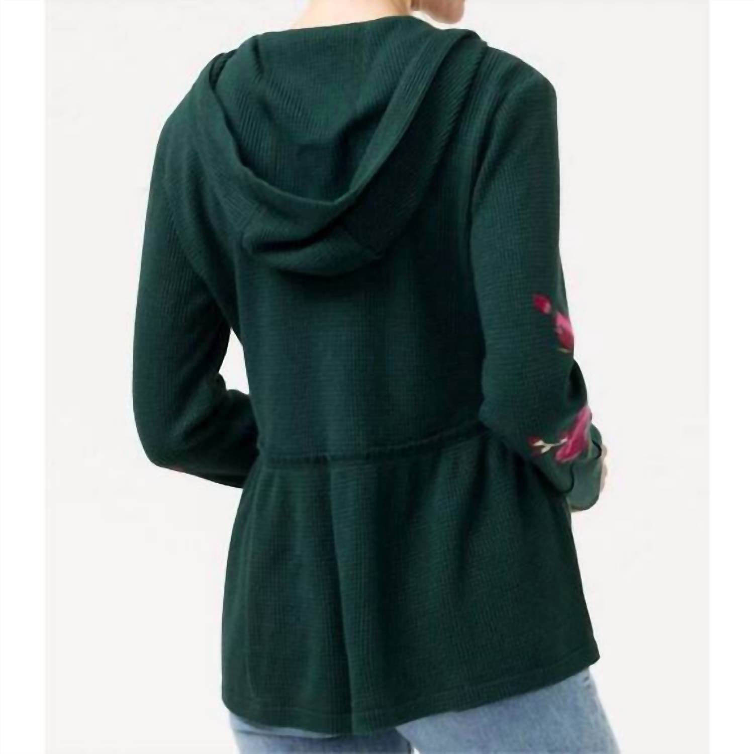 Johnny Was ROSILIA PEPLUM METALLIC THERMAL HOODIE in metallic emerald - women's top - view 4