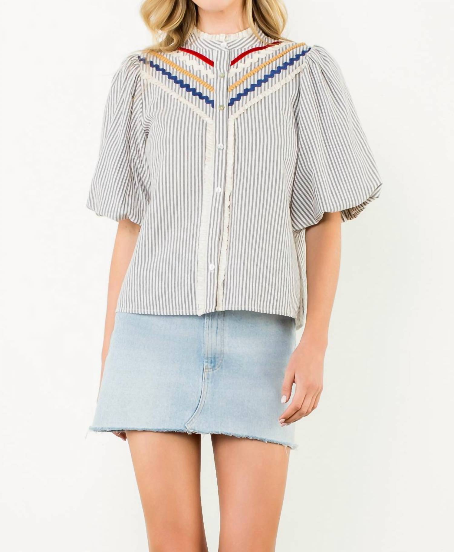 THML Puff Sleeve Striped Button Up Top in green - women's blouse