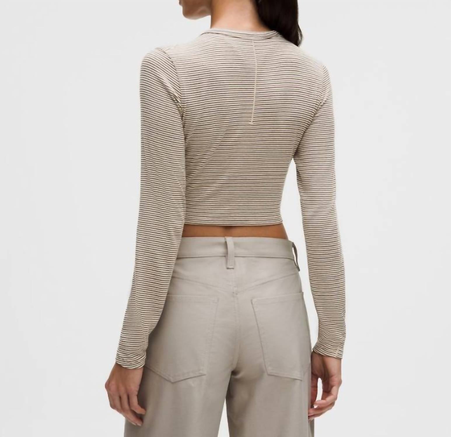 lululemon Hold Tight Cropped Long Sleeve in brown stripe - women's shirt - detail view