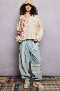 Pol - Floral Patch Embroidery Thermal Balloon Sleeve Top