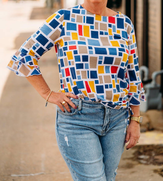 Multiples - Flounce Sleeve Bateau Drawstring Side Top