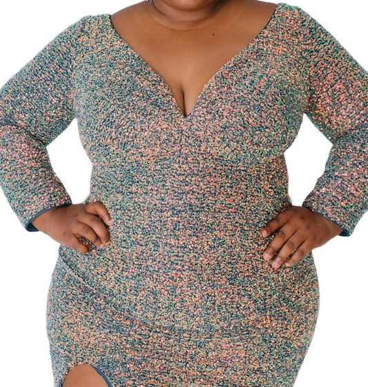 Sydney'S Closet - Sequin Long Sleeve Cocktail Dress