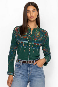 Johnny Was Women's Audrey Mandarin Collar Blouse in emerald green - women's shirt