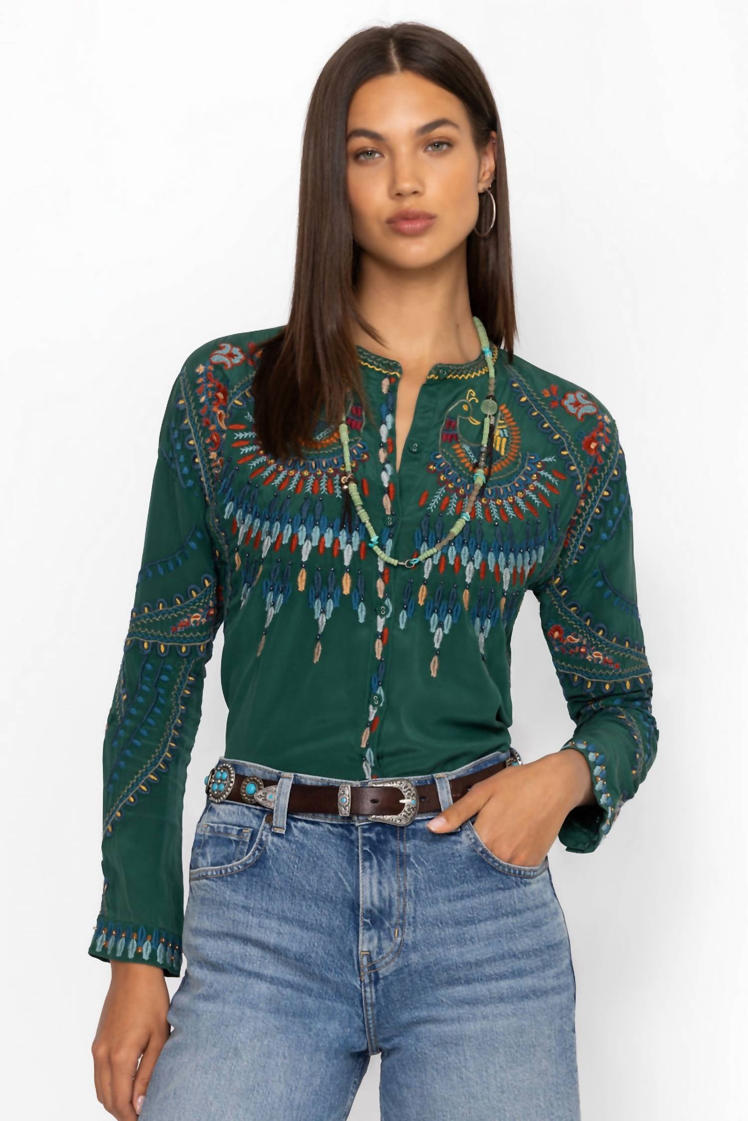 Johnny Was Women's Audrey Mandarin Collar Blouse in emerald green - women's shirt