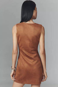 Endless Rose - Suede Round Neck Buttoned Mini Dress