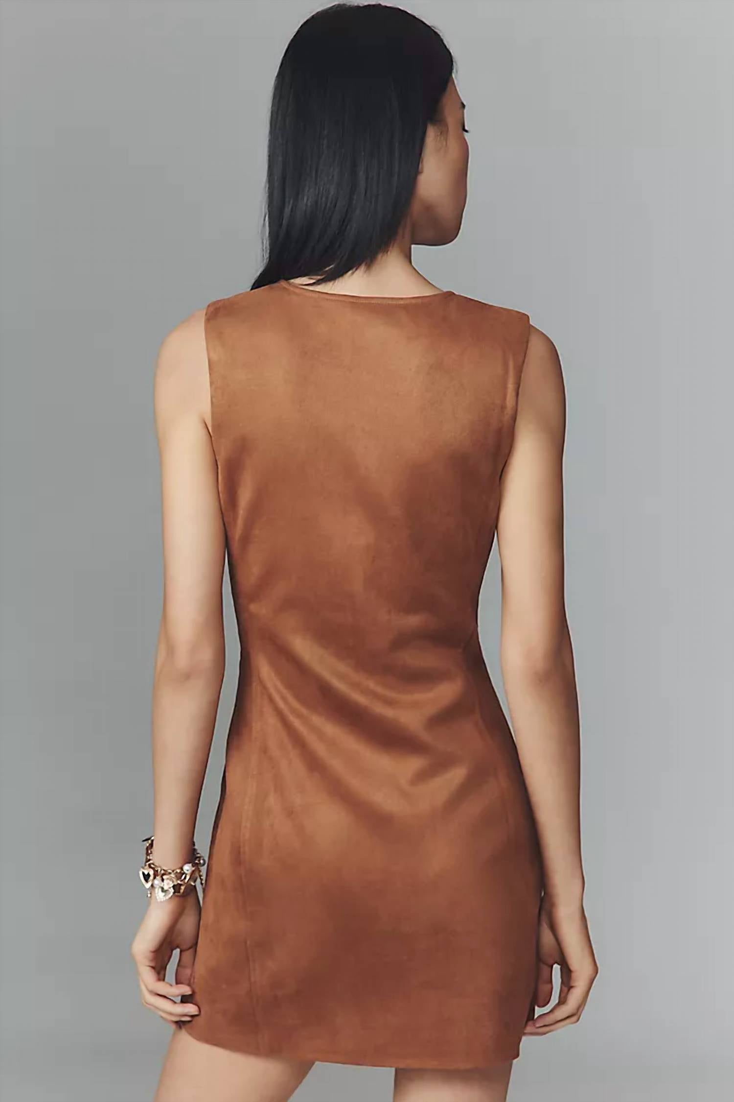 Endless Rose - Suede Round Neck Buttoned Mini Dress