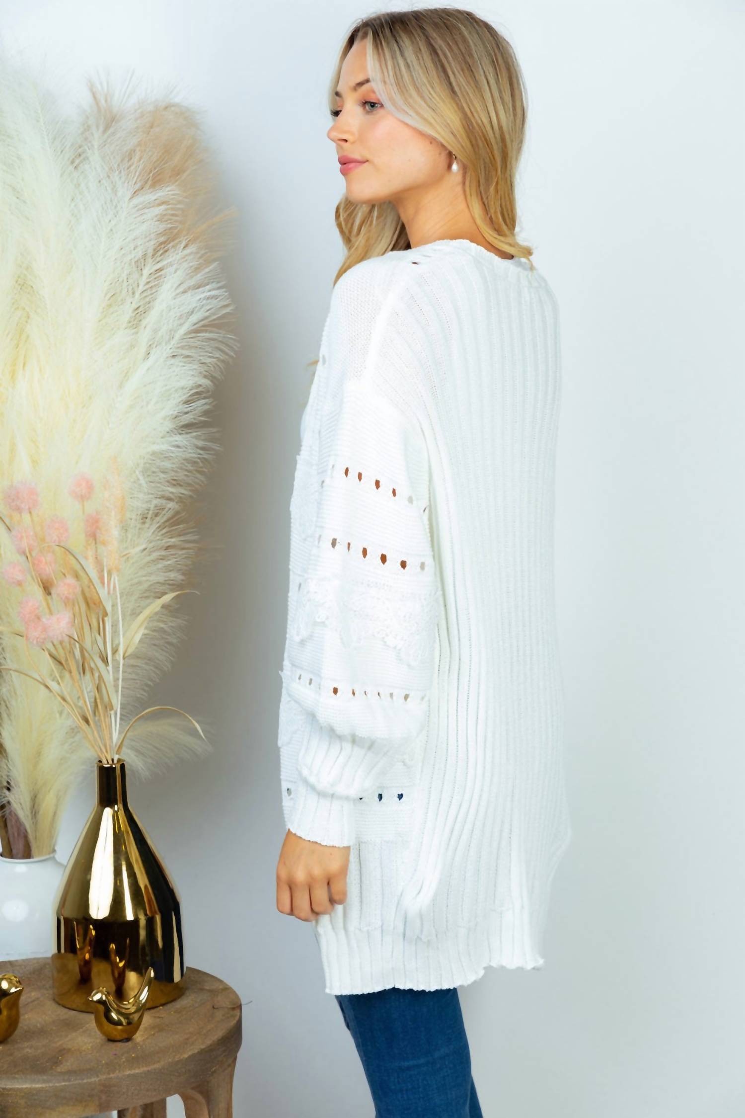 White Birch - Women's Open Front Eyelet Detail Cardigan