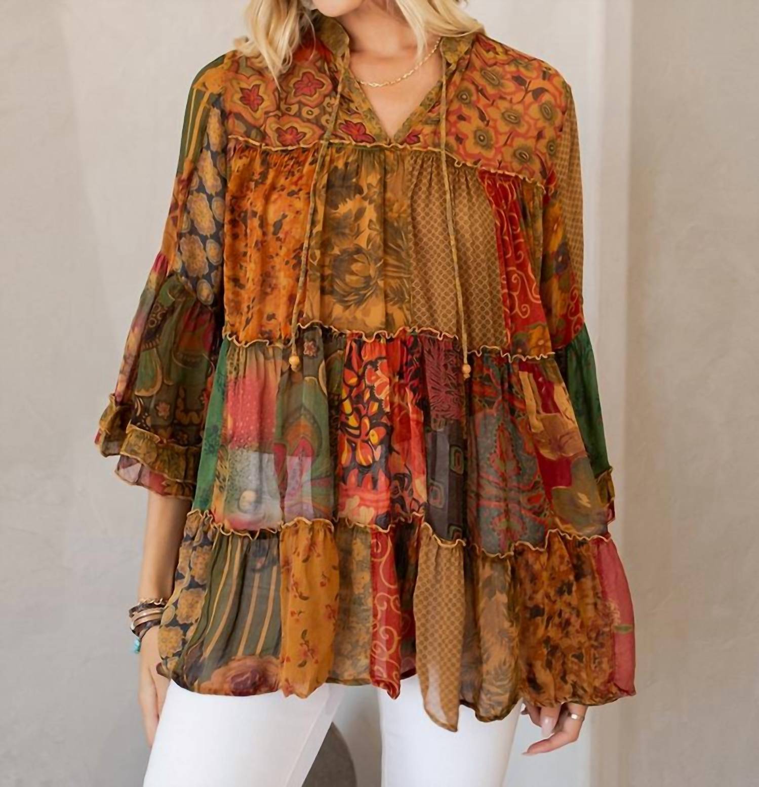 Young Threads Overdyed Chinese Collar Jhabla Top in camel - women's blouse