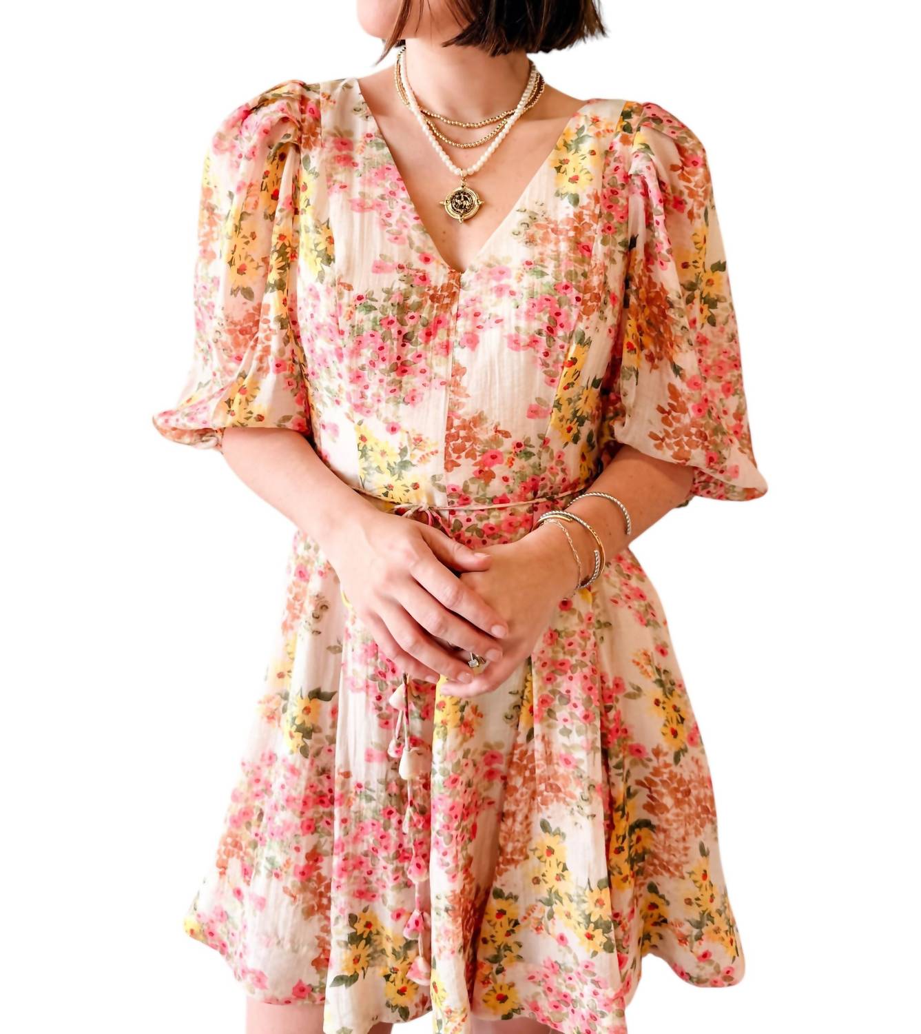 LUCY PARIS Alexis Floral Belted Dress in pink multi - women's dress - detail view