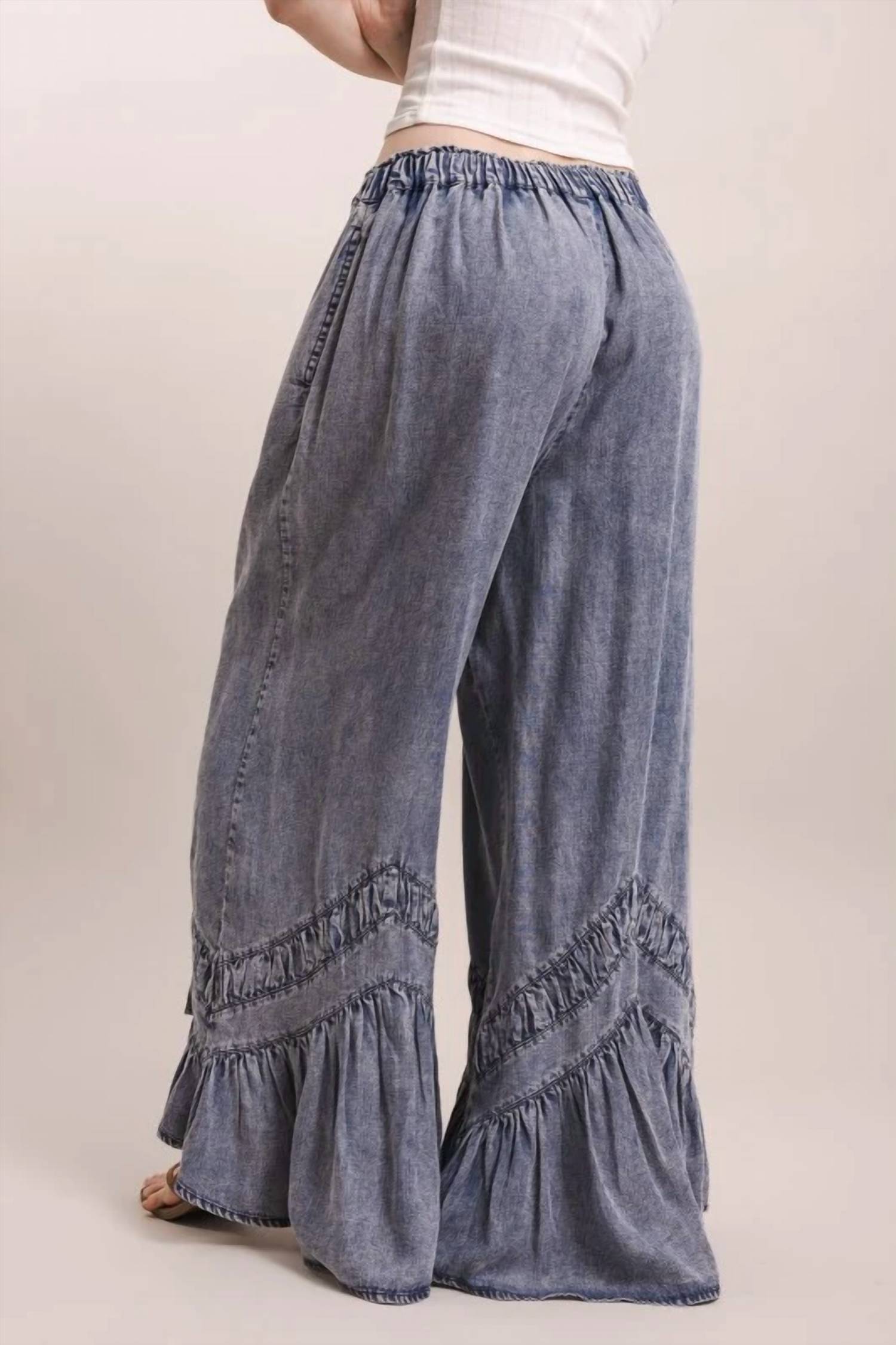Blue Velvet - Asymmetrical Ruffle Hem Wide Leg Pants