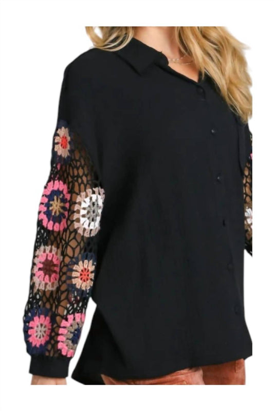 Umgee - Cotton Gauze Button Down Top with Color Crochet Sleeves