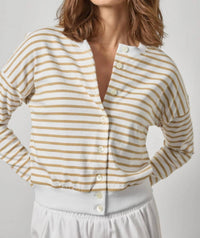 Lilla P Rib Trim Cardigan in burlap stripe - women's cardigan