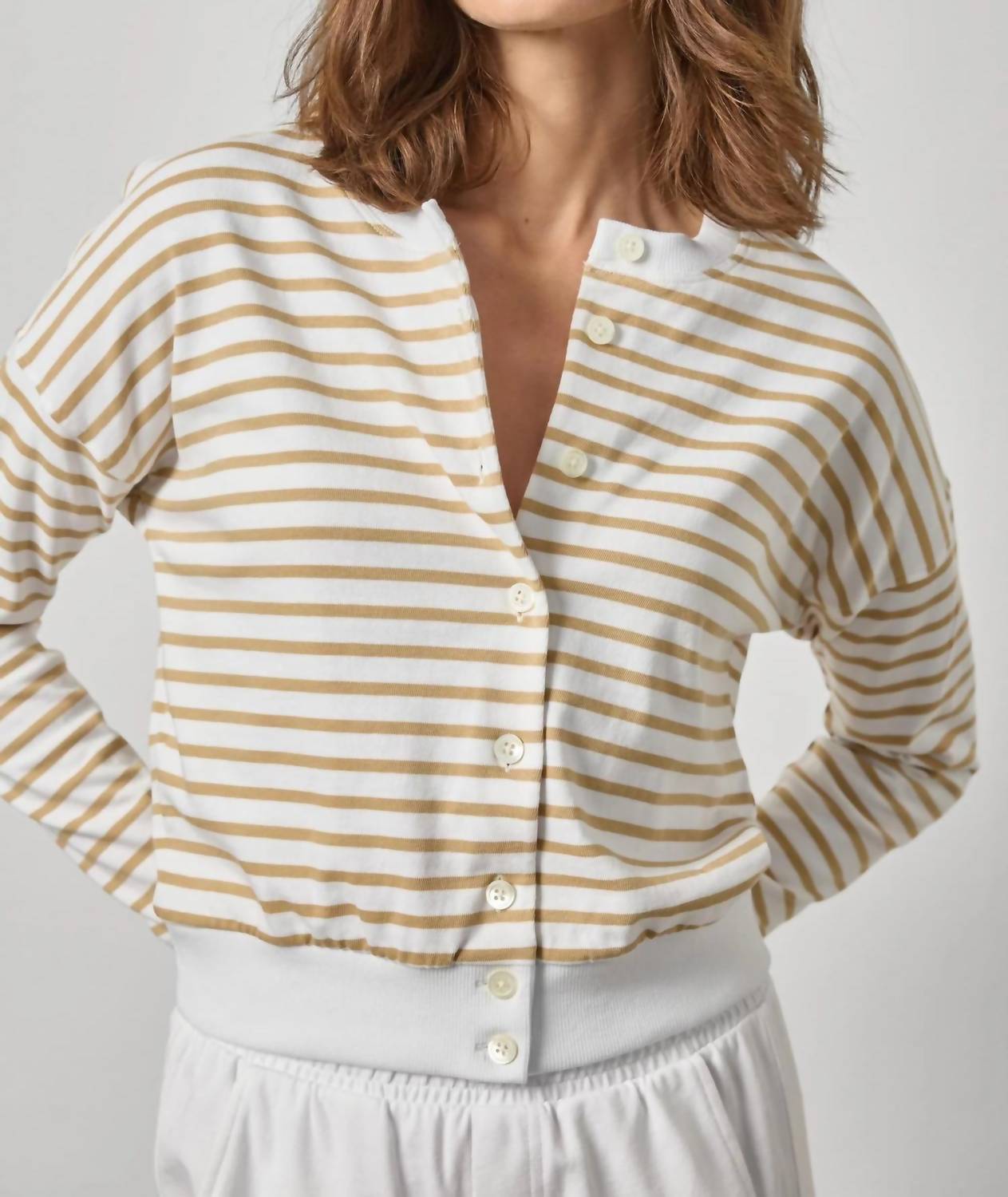 Lilla P Rib Trim Cardigan in burlap stripe - women's cardigan