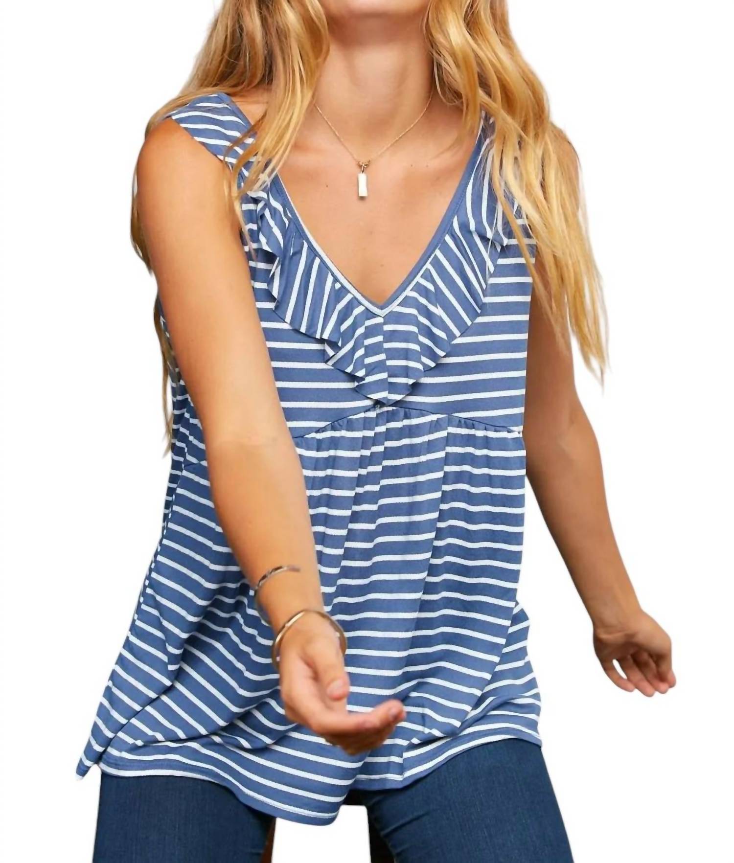 Haptics - STRIPE VNECK RUFFLE BABYDOLL TANK TOP