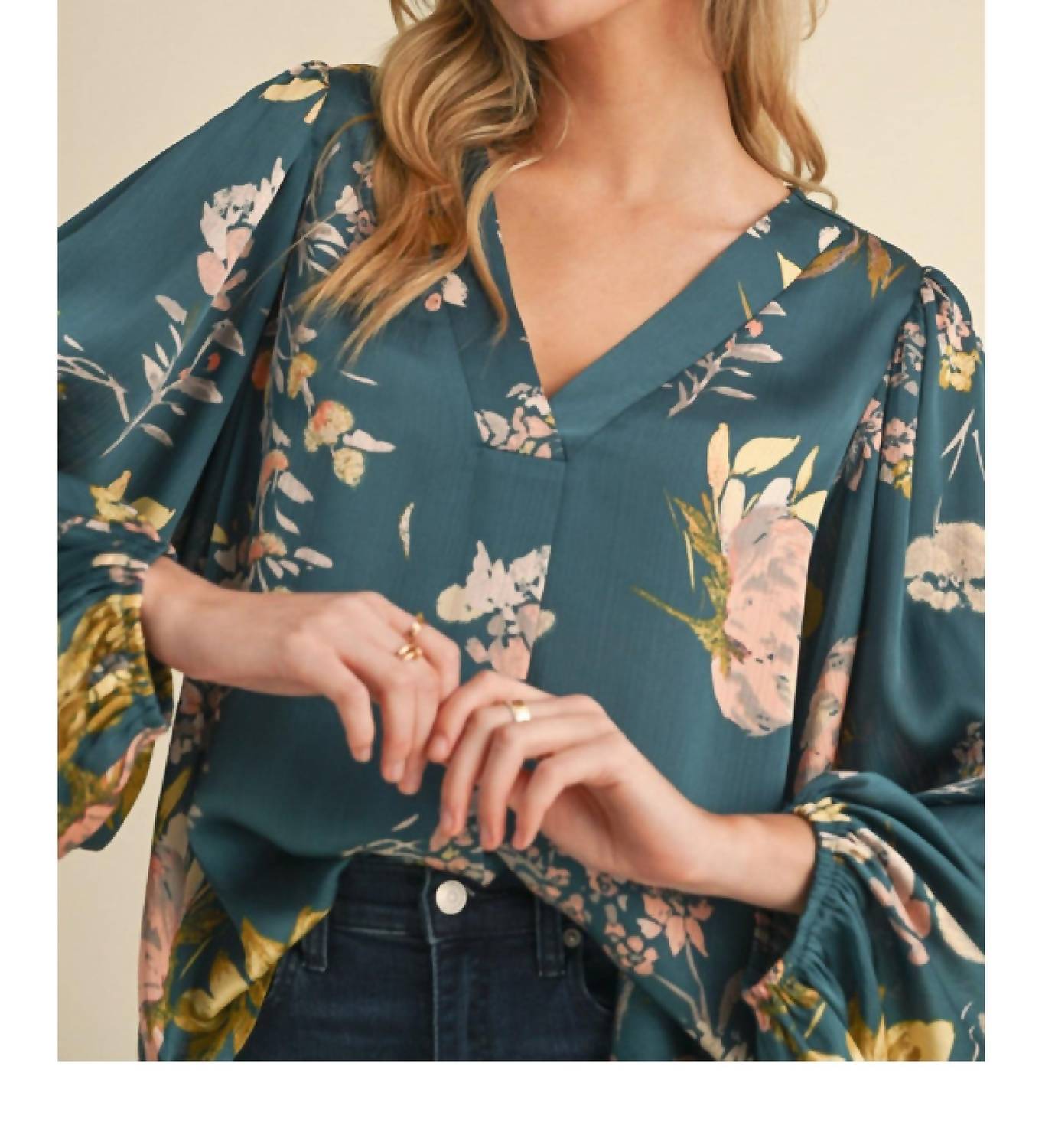 Jodifl Satin Floral Print Blouse With Bubble Sleeves in teal - women's blouse - view 6