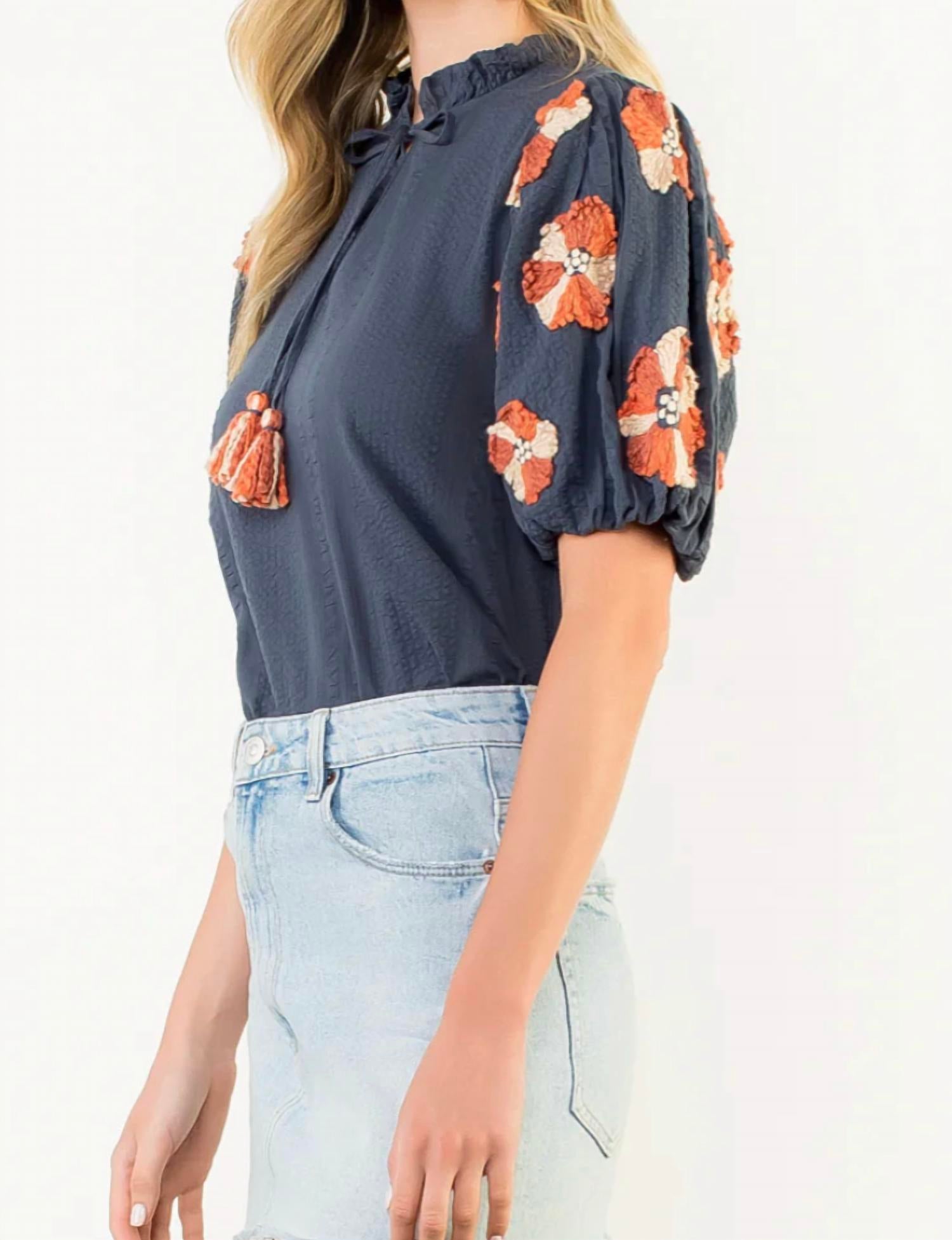 Thml - Puff Sleeve Tassel Tie Top