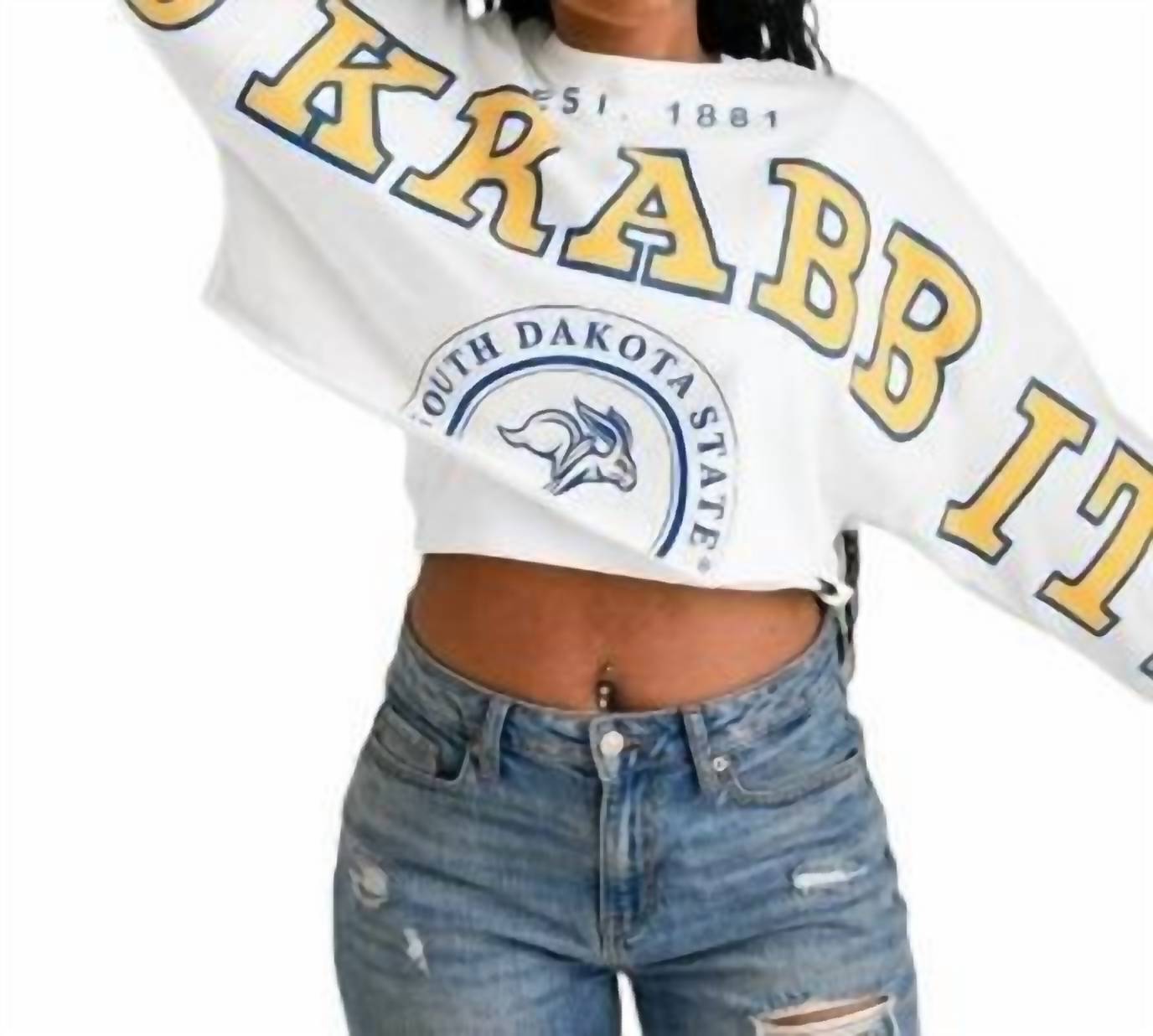 Gameday Social Split Cropped Long Sleeve Crewneck Top in white 1 - women's shirt
